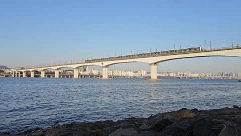 Subway Train Crossing Bridge Over Han River in Seoul with Natural Sound Vídeos de archivo 330756720