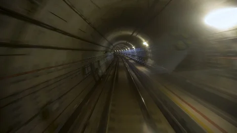 Subway Train Driving Through Tunnel POV Stock Footage 114427381