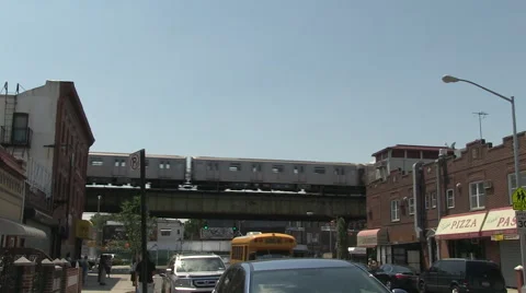 Subway train elevated Brooklyn slows Stock Footage 40192687