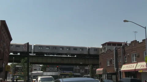 Subway train elevated slows to a stop Brooklyn Stock Footage 40192815