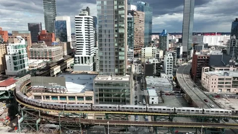 Subway train on elevated track in Astoria Queens New York City NYC Видео 188063978