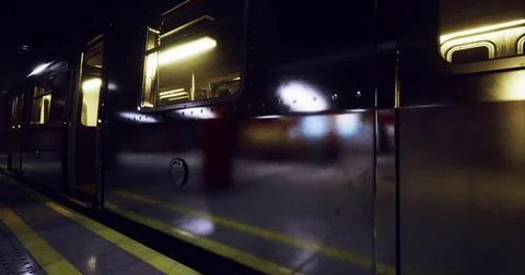 Subway train with glowing lights at night urban station platform Illustrazione stock