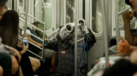 Subway Train Homeless Man Sleeping Passengers New York City NYC USA Stock Footage 40672929
