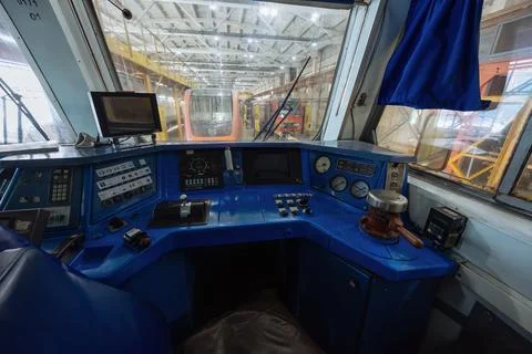 Subway train interior. Driver dashboard Stock Photos