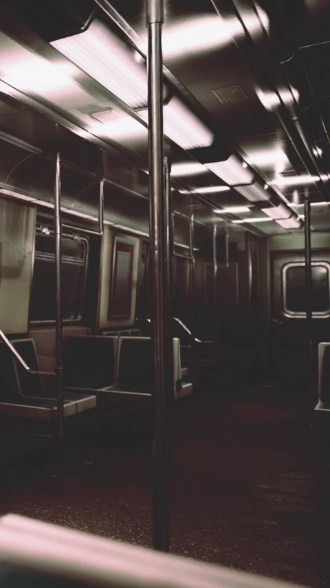 Subway train interior with empty seats during late hours Stock Footage 338412771
