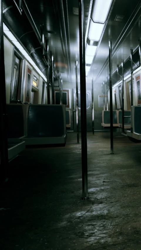 Subway train interior with empty seats and poles during late hours Stock Footage 339106886