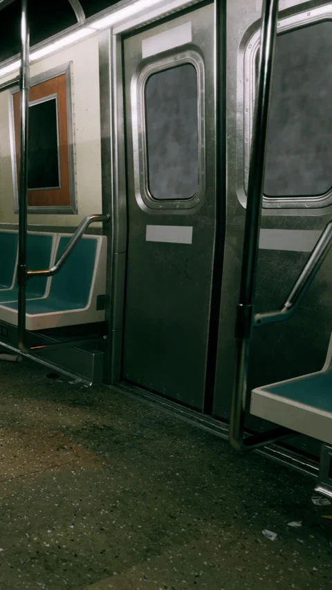 Subway train interior with empty seats and open door in the evening hours Stock Footage 340264639