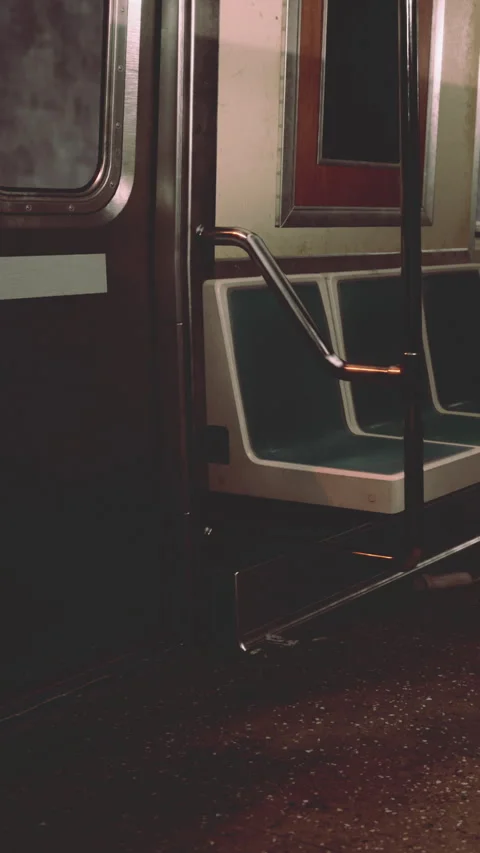 Subway train interior with empty seats and open door during evening commute Stock Footage 341986436