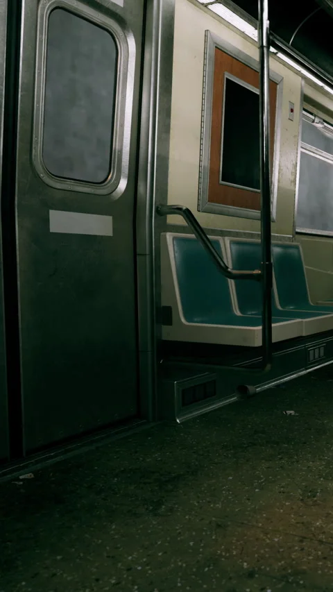 A subway train interior shows empty seats and handrails Stock Footage 338348946