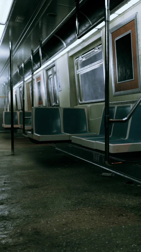 Subway train interior shows empty seats and silent atmosphere in city Stock Footage 339107170
