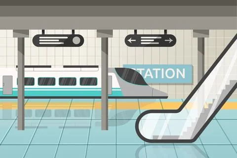 Subway train metro station. Underground hall. Rail transport platform. Publ.. Illustrazione stock