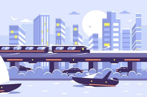 Subway train monorail over sunset cityscape. Stock Illustration