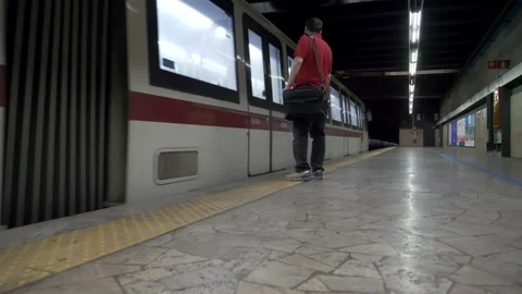 A subway train in motion arriving at underground train station. Rome, Italy Stock Footage 155081291