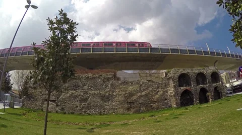 Subway train passes over the bridge Video stock 50392398