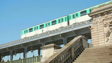Subway Train Passing Over The Bir Hakeim Bridge At Daytime In Paris, Stock Footage 156741698