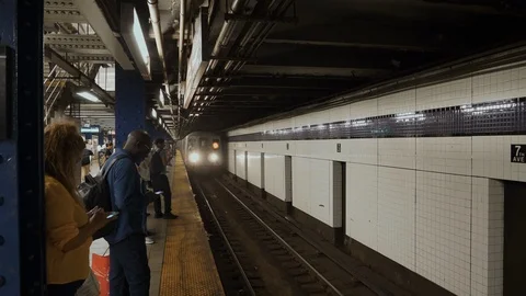 Subway Train Pulls Into Station, New York city Stock Footage 97896208