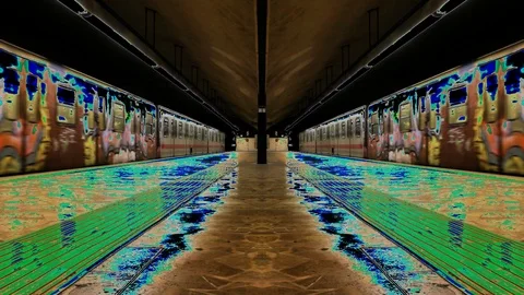Subway train running away - Mirror scene - color effects 2 Stock Footage 86677964