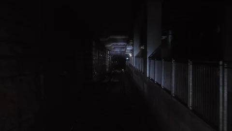 Subway train running through the tunnel. Train traveling through the underground Video stock 102691067
