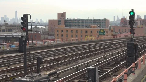 Subway train traffic in New York City by day suburban metro connection railways Stock Footage 87615977