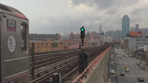Subway train transit New York City railway by day commuter transportation travel Stock Footage 87616462
