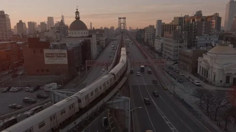 Subway Train, Williamsburg Bridge, Brooklyn, New York City, Aerial Sunset Stock Footage 170774336