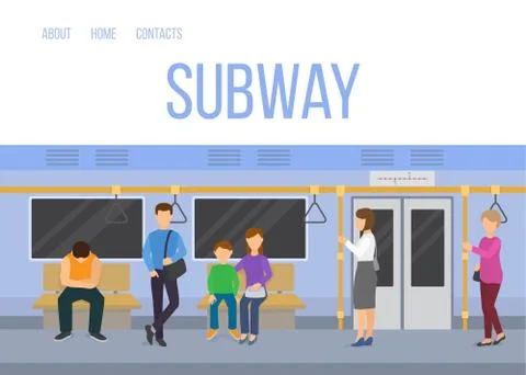 Subway underground train car interior with commuting passengers sitting standing Illustrazione stock