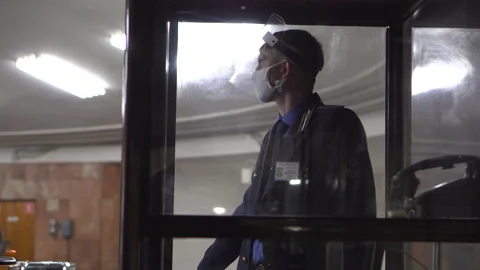 Subway worker in the Kiev metro in face masks Stock Footage 131056002