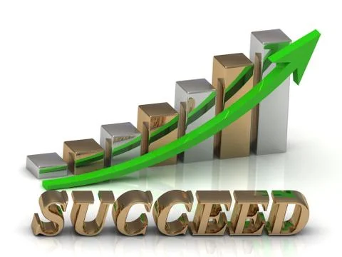SUCCEED- inscription of gold letters and Graphic growth and gold arrows on wh Stock Illustration