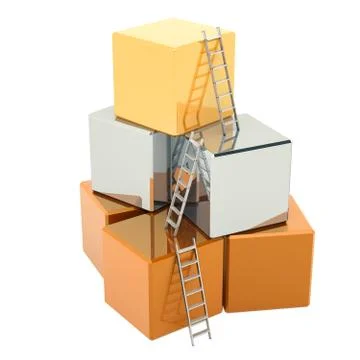 Success and business progress concept. Stairs with blocks building, cubes. 3D Illustrazione stock