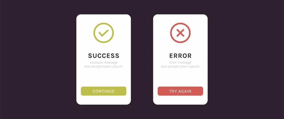 Success and error message ui screen and approved and rejected ux web elements. Illustrazione stock