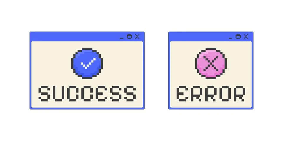 Success and error pixel art popup windows UI overlay set 스톡 일러스트