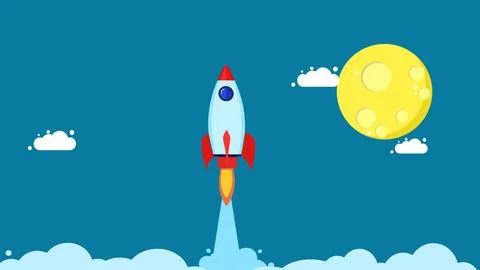 Success and imagination. Rocket flying over the moon Ilustração Stock