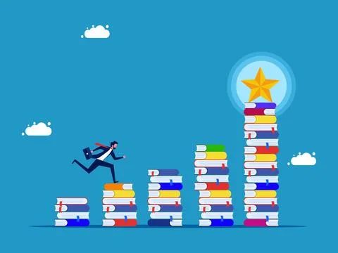 Success and learning never stop. Businessman running on stairs stack of books イラスト素材