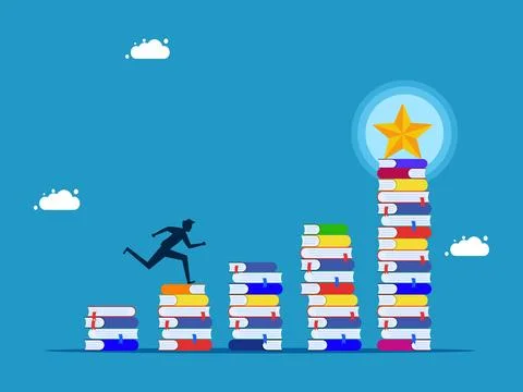 Success and learning never stop. man running on stairs stack of books with st Illustrazione stock