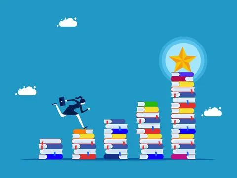 Success and learning never stop. Businesswoman running on stairs stack of boo Stock Illustration
