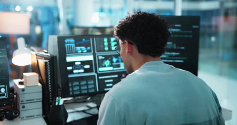 Success, back and coding with person and computer for software developer Stock Footage 309139172