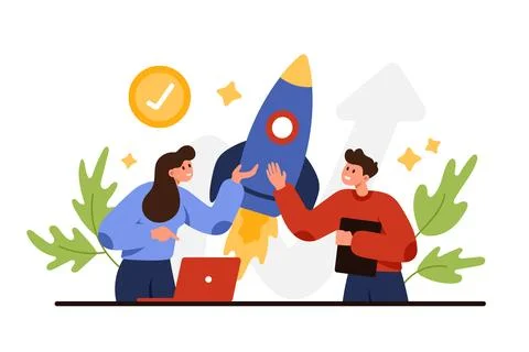 Success of business project launch, tiny people start new creative idea, boost イラスト素材