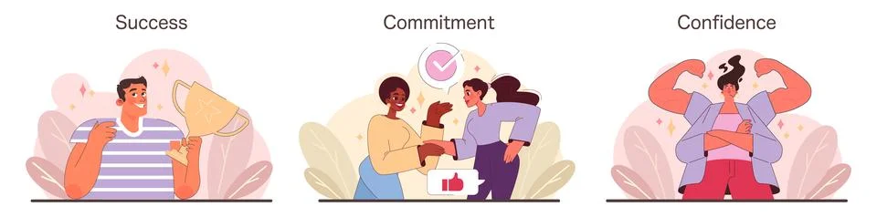 Success, Commitment, and Confidence set. Flat vector illustration Stock Illustration