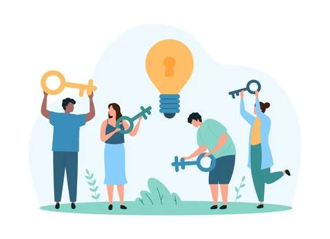 Success creative solution to solve business problem by tiny people with keys to Stock Illustration