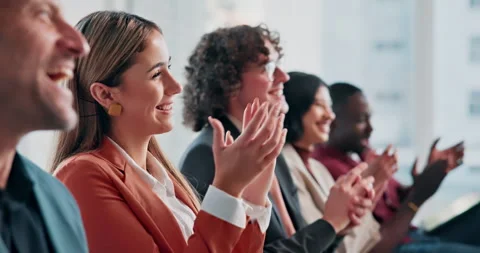 Success, happy or crowd at seminar with clap, achievement or celebration for Stock Footage 341459526