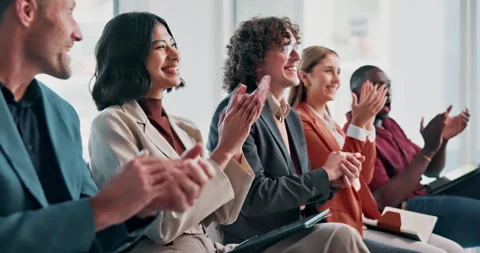 Success, happy or crowd at seminar with clap, achievement or celebration for Stock Footage 341571696