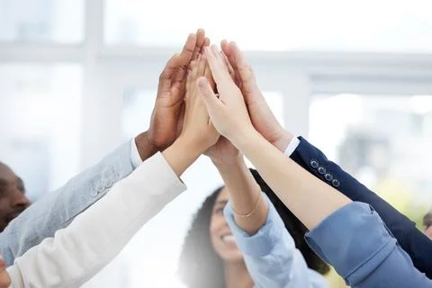 Success, high five and teamwork with hands of business people for community Stock Photos