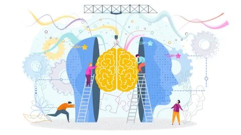 Success knowledge concept. Tiny people insert a brain into a human head Illustrazione stock