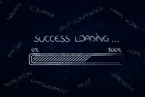 Success loading with progress bar surrounded by elements to succeed Stock Illustration