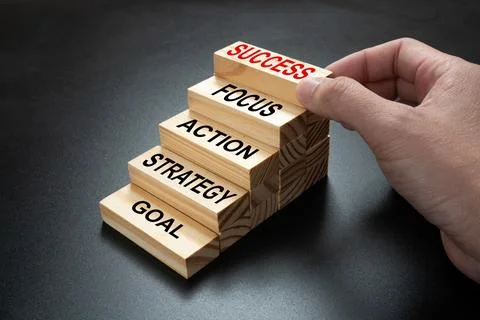 Success process concept with jenga block stairs Stock Photos