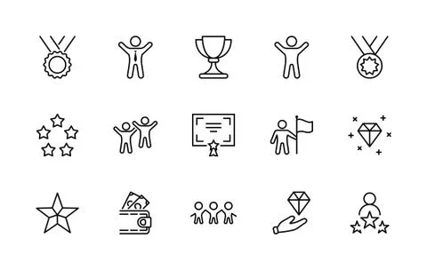 Success Related Vector Line Icon. Icons as Cup, Ribbon, Star. Editable Stroke Stock Illustration