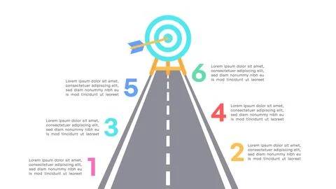 Success Roadmap Infographic with Six Numbered Steps and Arrow Target 스톡 일러스트
