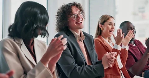Success, smile or crowd at seminar with clap, achievement or celebration for Stock Footage 341459488