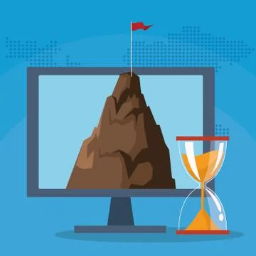 Success start up business computer mountain with flag hourglass Stock Illustration
