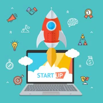 Success Start Up Concept Space Ship Rocket and Gadget Device. Vector Illustrazione stock